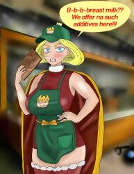 1girls angry apron barista big_breasts blonde_hair blue_eyes blush cape crown crown_hair_ornament disgusted eddarxart english_text female female_only green_apron gritted_teeth hand_on_hips hat holding_pen iced_latte_with_breast_milk large_breasts long_nose looking_at_viewer mature_female meme menu_board milf older_female older_woman ousama_ranking pointy_nose queen queen_hilling ranking_of_kings red_stockings royal royalty skintight skintight_clothes solo speech speech_bubble starbucks talking_to_viewer text