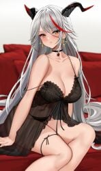 1girls aegir_(azur_lane) azur_lane big_breasts black_lingerie black_underwear breasts cleavage ear_piercing earrings gemstone iron_blood_(azur_lane) lingerie necklace piukute062 red_gemstone see-through_clothing solo