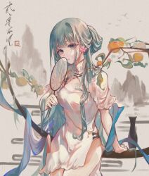 1girls artist_request blue_hair chinese_clothes fan female female_only hand_fan long_hair solo tangerine_(fruit) uchiwa