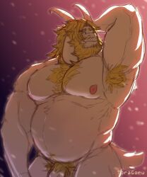 1boy 2d anthro arm_up armpit armpit_hair asgore_dreemurr balls bara blonde_hair body_hair chest_hair dad_bod deltarune facial_hair furry gay goat goat_horns hairy horns male male_only muscles musk overweight overweight_male penis pubes pubic_hair solo solo_male toragoru undertale undertale_(series) white_fur