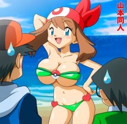 1girls big_breasts bikini blue_eyes brown_hair female female_focus huge_breasts max_(pokemon) may_(pokemon) navel pokemon satoshi_(pokemon) tagme wide_hips yamamoto_doujin