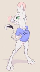 animancer bottomless clothed clothing dipodid female fur furry green_eyes hi_res jerboa luck_(animancer) mammal no_humans rodent shirt t-shirt topwear white_body white_fur