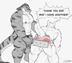 2022 abs anthro ass back_muscles backwards_baseball_cap backwards_hat balls baseball_cap bent_over biceps canid canine canis cheotdo clothing deltoids duo english_text evil_grin genitals greyscale grin hand_on_back hat headgear headwear hi_res jockstrap jockstrap_only male male/male male_only mammal monochrome muscular muscular_legs navel nipples pecs raised_tail red_butt reptile scalie simple_background smile spanking spanking_paddle speech_bubble standing text underwear white_background wolf