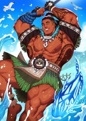 demigod looking_at_viewer male male_only maui_(smite) melanin muscles muscular muscular_male ocean outdoors smiling_at_viewer smite tattoos water xelgot