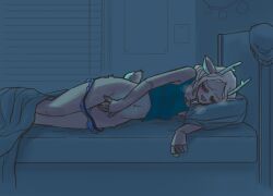 anthro bed bedding blanket blonde_hair blue_clothing blue_panties blue_underwear blueregardtwo blush blush_lines bodily_fluids brown_body brown_fur cervid closed_eyes clothed clothing elaine_(blueregardtwo) eyelashes female fur furniture genital_fluids green_clothing green_topwear hair hi_res horn lying mammal masturbation navel on_side panties panties_down partially_clothed pillow pussy_juice short_hair sleeping solo steam tan_body tan_fur thick_thighs topwear underwear underwear_down wide_hips