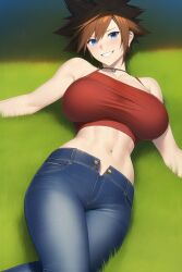 ai_generated big_breasts brown_hair crop_top female genderswap_(mtf) happy jeans kingdom_hearts nai_diffusion necklace rule_63 smile smiling sora stable_diffusion