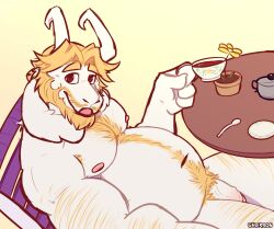 1boy 2d anthro armpit_hair asgore_dreemurr balls bara blonde_hair body_hair chest_hair churrosolixoso dad_bod deltarune facial_hair furry gay goat goat_horns hairy horns male male_only muscles musk overweight overweight_male penis pubes pubic_hair solo solo_male undertale undertale_(series) white_fur