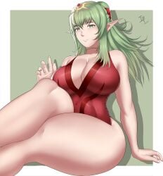 1girls absurdres arcedo bangs breasts choker cleavage covered_navel dragon_ears dragon_girl dress feet_out_of_frame fire_emblem fire_emblem_awakening from_below green_eyes green_hair hair_tie hand_up highres large_breasts long_sleeves looking_at_viewer nintendo parted_lips pointy_ears red_dress red_ribbon ribbon shadow simple_background sitting smile solo teeth thick_thighs thighs tiara tiki_(adult)_(fire_emblem) tiki_(fire_emblem) watermark