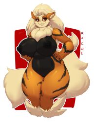 absurd_res anthro arcanine big_breasts black_body black_fur breasts canid canine canis female fur generation_1_pokemon genitals hi_res leg_tuft mammal multicolored_body multicolored_fur navel neck_tuft nintendo nipples nude orange_body orange_fur penis pokemon pokemon_(species) pokemorph racoe red_eyes solo thick_thighs tuft video_games wide_hips