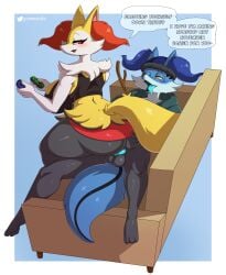 2022 absurd_res anthro ass blush braixen brit_(joaoppereiraus) clothing dialogue digital_media_(artwork) duo english_text eyebrows eyelashes fangs female female_penetrated female_pokemon fingers furniture gammainks generation_6_pokemon hi_res holding_object karter_(thixxen) male male/female male_braixen male_penetrating male_penetrating_female nintendo open_mouth penetration pokémon_(species) pokemon pokemon_(species) sex simple_background sofa text tongue tongue_out video_games