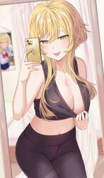 1girls bed bedroom black_bra blonde_hair bra bra_pull breasts genshin_impact holding_phone large_breasts lumine_(genshin_impact) medium_hair midriff mirror mirror_selfie navel o-los phone picture school_uniform selfie sports_bra yellow_eyes yoga_pants