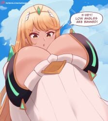 1girls big_breasts blonde_hair daymandraws english_text from_below looking_down low-angle_view mythra mythra_(xenoblade) nintendo solo_female speech_bubble text underboob xenoblade_(series) xenoblade_chronicles_2 yellow_eyes