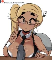 bent_over bra breasts_on_table dark_skin darkprincess04 desk glasses looking_at_penis necktie ni_(darkprincess04) penis surprised teacher tie visible_underwear white_bra