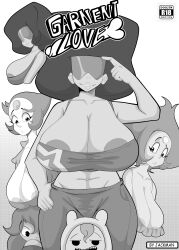 1boy 4girls adventure_time afro amethyst_(steven_universe) cartoon_network clothed_female comic comic_cover crossover drav_jack finn_the_human garnet_(steven_universe) gem_(species) glasses harem hat large_breasts monochrome multiversus nipple_slip pearl_(steven_universe) peridot_(steven_universe) steven_universe