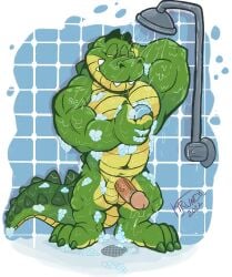 2022 abs anthro balls biceps crocodile crocodilian crocodylid deltoids erection feet genitals hi_res krunchycroc male male_only muscular muscular_legs navel nude pecs penis reptile scalie shower shower_drain shower_head showering smile soap solo suds teeth triceps vein veiny_penis yellow_eyes