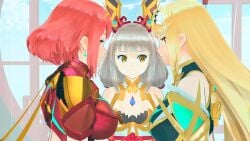 3d 3d_animation 3girls animated blonde_hair cat_ears catgirl closed_eyes clothed clothing core_crystal cute earrings female_only fully_clothed group_kissing happy kissing lluanhyperzero long_hair mikumikudance mmd mythra mythra_(xenoblade) nia nia_(blade) nia_(xenoblade) pyra pyra_(xenoblade) red_hair short_hair sound triple_kiss very_long_hair video xenoblade_(series) xenoblade_chronicles_2 yuri