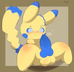 animal_genitalia animal_penis anthro balls blue_eyes blue_penis blush canine_penis fan_character fisuku generation_1_pokemon genitals looking_at_genitalia looking_at_penis male nintendo penis pikachu pokemon pokemon_(species) solo video_games yellow_body