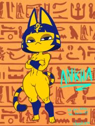 1girls abs animal_crossing ankha ankha_ride_(minus8) anthro arms_crossed big_breasts big_butt blue_eyes cheekie0 covering_breasts feline furry large_thighs muscular_female naked nintendo nude_female vagina yellow_fur