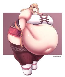 1girls bbw belly_button blonde_hair female female_only fiora_(xenoblade) green_eyes nintendo obese obese_female xenoblade_(series) xenoblade_chronicles