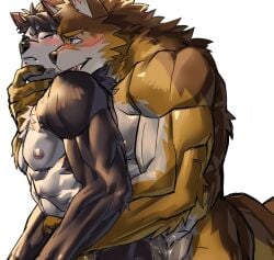 abs anal anthro barrel_(live-a-hero) biceps blush bodily_fluids brown_body brown_fur canid canine canis cum cum_in_ass cum_inside dog_operator domestic_dog duo from_behind_position fur genital_fluids lifewonders live-a-hero male male/male male_penetrated male_penetrating male_penetrating_male mammal muscular muscular_anthro muscular_male natsunouro nipples pecs penetration protagonist_(live-a-hero) sex video_games wolf