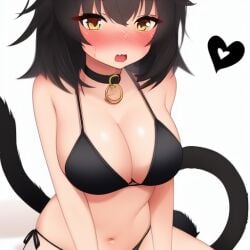 2_tails ahoge ai_generated animal_ear_fluff animal_ears assofgoddess bangs bare_arms bare_shoulders bell belt_collar bikini black_bikini black_choker black_hair blush breasts brown_eyes brown_hair cat_ears cat_girl cat_tail choker cleavage collar collarbone cow_tail demon_tail embarrassed eyebrows_visible_through_hair fake_tail female fran_(tensei_shitara_ken_deshita) full-face_blush gradient gradient_background hair_between_eyes hairband halterneck heart heart_choker heart_tail jingle_bell kemonomimi_mode large_breasts lion_tail looking_at_viewer looking_away medium_hair multi_tail navel neck_bell nose_blush oerba_yun_fang open_mouth short_hair side-tie_bikini side-tie_panties simple_background sitting slit_pupils solo spoken_heart stomach string_bikini sweat sweatdrop swimsuit tail tail_raised tail_wagging tensei_shitara_ken_deshita wavy_mouth white_background yellow_eyes