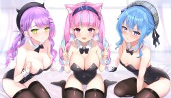 2022 3girls absurdres alternate_costume animal_ear_fluff animal_ears aqua_hair bangs bare_shoulders beret black_bow black_legwear black_leotard blue_eyes blue_hair blunt_bangs bow bowtie braid breasts cat_ears cleavage closed_mouth collarbone detached_collar double_v drill_hair female female_only furrowed_brow green_eyes hair_between_eyes hairband hands_up hat heckler_kai highres holoforce hololive hololive_gen_0 hololive_gen_2 hololive_japan hoshimachi_suisei large_breasts leotard light-skinned_female light_skin long_hair looking_at_viewer medium_breasts medium_hair minato_aqua multiple_girls nontraditional_playboy_bunny open_mouth pink_eyes pink_hair playboy_bunny purple_hair rabbit_tail raised_eyebrows sidelocks sitting small_breasts tail thighhighs tokoyami_towa trio twin_braids twin_drills twintails v virtual_youtuber wariza