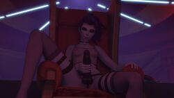 3d blue_hair blue_skin chair female holding_strap-on mafuyur34 overwatch overwatch_2 sitting solo strap-on strapon widowmaker