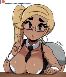 bent_over bra breasts_on_table dark_skin darkprincess04 desk finger_wag glasses necktie ni_(darkprincess04) teacher tie visible_underwear white_bra