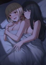 2girls bed black_hair blonde_hair breasts busty closed_eyes cuddling heart-shaped_pupils inoue_takina kannko_bokujou large_breasts light-skinned_female light_skin lycoris_recoil naked naked_female night nishikigi_chisato nude nude_female on_bed open_mouth paintcan pillow symbol-shaped_pupils under_covers wholesome yuri