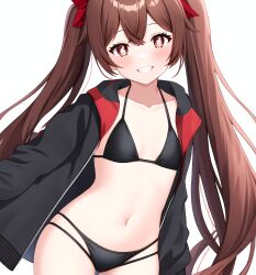 1girls ai_generated bangs bikini bikini_bottom bikini_top black_bikini black_bra black_panties brown_hair female flat_chest flower_shaped_pupils genshin_impact grin hu_tao_(genshin_impact) jacket looking_at_viewer nai_diffusion navel open_jacket red_eyes righres self_exposure simple_background solo solo_female stable_diffusion stlow7 string_bikini symbol-shaped_pupils twintails white_background