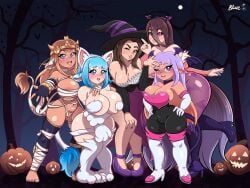 5girls bandage bat_wings big_ass big_breasts big_butt blonde_hair blue_eyes blue_hair bluesupersonic boots breasts brown_eyes brown_hair capcom cat_ears cat_tail cattle_humanoid cleavage clothing dark_background dark_skin darkstalkers dress felicia felicia_(darkstalkers) halloween halloween_costume head_wings huge_breasts large_breasts long_hair luna_evolet menat_(cosplay) mole morrigan_aensland_(cosplay) mummy mummy_costume ombre_hair pale-skinned_female pale_skin paw_gloves paws pink_eyes pumpkin purple_eyes purple_hair rouge_the_bat_(cosplay) short_hair shortstack siena_(zharxart) skye_(zharxart) slightly_chubby sonic_(series) sonic_the_hedgehog_(series) sorceress_(dragon's_crown)_(cosplay) stella_(zharxart) street_fighter street_fighter_v succubus taller_female taller_girl tanned_female tanned_skin thick_thighs white_fur witch witch_hat zhar