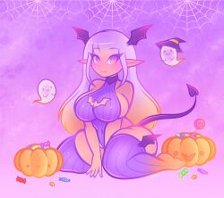 1girls bangs big_breasts bodysuit breasts candy ghost halloween head_wings huge_breasts huge_thighs large_breasts ombre_hair orange_hair pumpkin purple_hair shortstack sideboob simple_background stella_(zharxart) succubus thick_thighs thighhighs w_sitting wide_hips zharxart