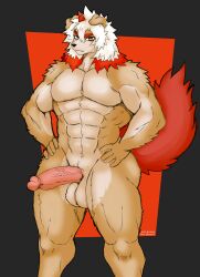 abs absurd_res anthro arknights asian_mythology balls canid canine canis domestic_dog east_asian_mythology erection foo_dog fur genitals hair hambor12 hi_res horn humanoid_genitalia humanoid_penis hung_(arknights) hypergryph japanese_mythology komainu looking_at_viewer male male_only mammal multicolored_body multicolored_fur multicolored_hair muscular muscular_anthro muscular_male mythology nude pecs penis simple_background smile solo sssonic2 studio_montagne video_games white_body white_fur white_hair yokai