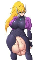 1futa balls blonde_hair blue_eyes bodysuit breasts clothed clothing flaccid futa_only futanari gigantic_penis huge_balls huge_breasts huge_cock human jazz_(oc) light-skinned_futanari light_skin long_hair looking_at_viewer mostly_clothed open_clothes original_character pale_skin penis penis_out ponytail robot_girl skin_tight_suit smiling solo standing testicles vicsenpai wide_hips