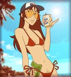 bangs baseball_cap beer bikini buckteeth collarbone female freckles happy_trail hitsujigoods holding_can kara_eklund_(hitsujigoods) navel neet_girl orion_beer pinkie_out pubes small_breasts solo sunglasses treasure_trail water_pistol