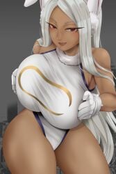 1girls alternate_version_available armwear big_breasts breast_focus breasts bunny_ears female female_only hair hands_on_breasts hips huge_breasts leotard lips long_hair miruko my_hero_academia red_eyes rumi_usagiyama solo solo_female superheroine thick_thighs thighs weedstajoinsart white_hair