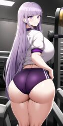 1girls ai_generated ass bubble_butt buruma danganronpa danganronpa:_trigger_happy_havoc female female_only gym gym_uniform huge_ass huge_breasts kirigiri_kyouko looking_at_viewer looking_back midriff n.c.b_ai nai_diffusion purple_eyes purple_hair smile solo stable_diffusion