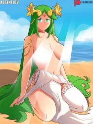 1girls assentlov beach breasts censored choker dress_down female_focus female_only gold_jewelry green_eyes green_hair kid_icarus kid_icarus_uprising light-skinned_female light_censor light_skin long_green_hair long_hair looking_at_viewer nintendo palutena removing_clothing single_thighhigh smile topless topless_female undressing