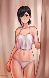 1girls alternate_version_available black_eyes black_hair bottomwear camisole chainsaw_man clothing female female_only hair higashiyama_kobeni mole mole_on_thigh mole_under_eye mole_under_mouth panties solo solo_female thighs topwear volibergo white_camisole white_panties