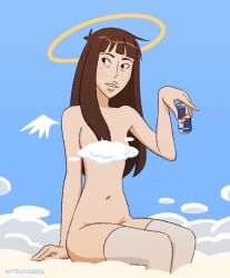 1girls angel angel_wings bangs buckteeth clouds convenient_censoring eye_bags female halo heaven hitsujigoods holding_soda kara_eklund_(hitsujigoods) neet_girl nude nude_solo red_bull sitting small_breasts sole_female solo stockings