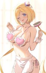 1girls 2022 ;d absurdres aki_rosenthal apron bikini blonde_hair blue_eyes breasts clenched_hands detached_hair hairpods hands_up heart_bikini highres hololive hololive_gen_1 hololive_japan large_breasts light-skinned_female light_skin long_hair looking_at_viewer low_twintails navel nearly_naked_apron one_eye_closed open_mouth pink_bikini smile solo stomach strap_gap swimsuit twin_(tt_lsh) twintails very_long_hair virtual_youtuber