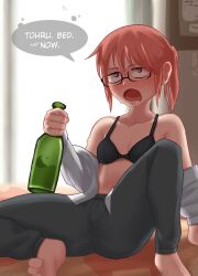 alcohol bed bedroom brown_eyes drunk glasses kobayashi kobayashi-san_chi_no_maidragon miss_kobayashi's_dragon_maid ponytail red_hair sweat sweatdrop tap34