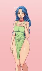 1girls alternate_version_available apron bad_id bad_twitter_id blue_hair breasts brown_eyes death_note death_tome earrings female green_apron highres jewelry long_hair marge_simpson marge_simpson_(death_tome) mature_female naked_apron necklace nipple_bulge nipples_through_clothes no_bra no_panties open_mouth pelvic_curtain pink_background qthead signature simple_background solo the_simpsons thighs treehouse_of_horror