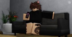 3d black_couch brown_fur cat_ears cat_tail catboy drugged gay kraxxcat light_skin male oversized_clothes roblox robloxian self_upload shorts source_request tagme