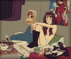 bangs blahaj blue_striped_panties bra buckteeth eye_bags feliz_jueves female freckles hitsujigoods ikea kara_eklund_(hitsujigoods) long_socks looking_at_viewer messy_hair messy_room navel neet_girl neon_genesis_evangelion on_bed panties pink_bra psp shark_plush sitting small_breasts solo underwear