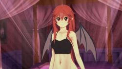 16:9 1girls 3d bedroom before_sex belly belly_button female female_focus female_only indoors itadaki!_seieki light-skinned light-skinned_female light_skin long_hair looking_at_viewer open_eyes red_eyes red_hair setogaya_mari solo solo_focus standing succubus vampire vampire_girl wings