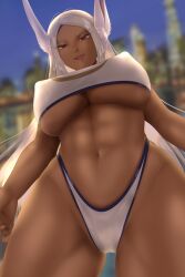 1girls abs alternate_version_available big_breasts bottomwear breasts bunny_ears female female_only hair huge_breasts lips long_hair looking_down miruko my_hero_academia red_eyes rumi_usagiyama solo solo_female thighs topwear underboob weedstajoinsart white_hair white_thong white_topwear