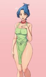 1girls 20th_century_fox 20th_century_studios alternate_version_available animification apron bad_id bad_twitter_id blue_hair breasts death_note death_tome female green_apron hair_bun highres jewelry marge_simpson marge_simpson_(death_tome) mature_female naked_apron necklace nipple_bulge nipples_through_clothes open_mouth pearl_necklace pelvic_curtain pink_background qthead shiny shiny_skin signature simple_background solo the_simpsons thighs treehouse_of_horror