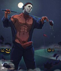 1boy boner erect_penis erection golf_club halloween halloween_(series) hard_on julio_leote male male_only masked michael_myers muscles muscular muscular_male open_jumpsuit outdoors outside serial_killer solo veiny_penis