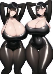 2girls ai_generated ara_ara arms_up bangs big_breasts big_lips black_clothing black_dress black_hair bursting_breasts choker cleavage curvy female female_only hair_down huge_breasts huge_thighs imminent_sex inviting jewelry long_hair mature_female milf nai_diffusion pale_skin siblings sisters skin_tight sleeves stable_diffusion straining_clothing string taller_girl tetra_ai thick_thighs tight_clothing tights voluptuous wide_hips